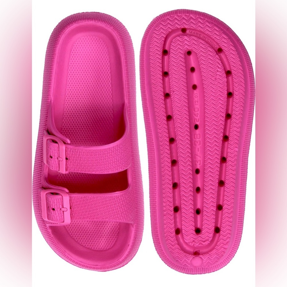 Hot Pink Double-Buckle Slide Sandals by Wewaya, cloud cushion waterproof slipper - Picture 5 of 16